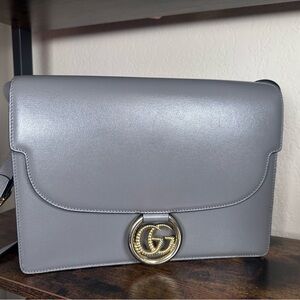 Authentic Gucci GG Ring Leather Shoulder Bag with Gold Accent